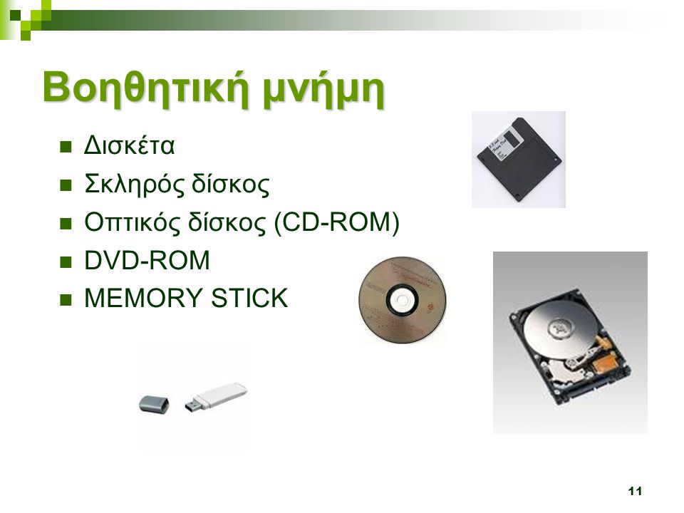 Βοηθητική μνήμη Δισκέτα Σκληρός δίσκος Οπτικός δίσκος (CD-ROM) DVD-ROM
