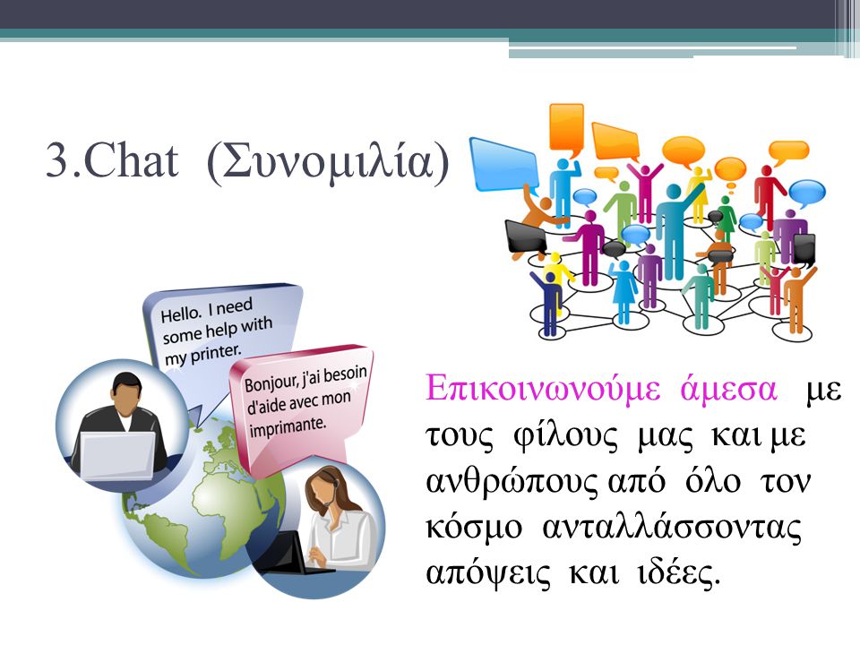 3.Chat (Συνομιλία) Επικοινωνούμε άμεσα με τους φίλους μας και με ανθρώπους από όλο τον κόσμο ανταλλάσσοντας απόψεις και ιδέες.