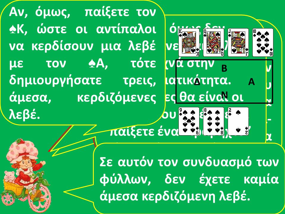 Αν, όμως, παίξετε τον ♠Κ, ώστε οι αντίπαλοι να κερδίσουν μια λεβέ με τον ♠Α, τότε δημιουργήσατε τρεις, άμεσα, κερδιζόμενες λεβέ.