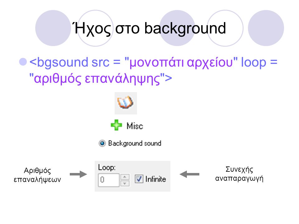Ήχος στο background <bgsound src = μονοπάτι αρχείου loop = αριθμός επανάληψης > Αριθμός επαναλήψεων.