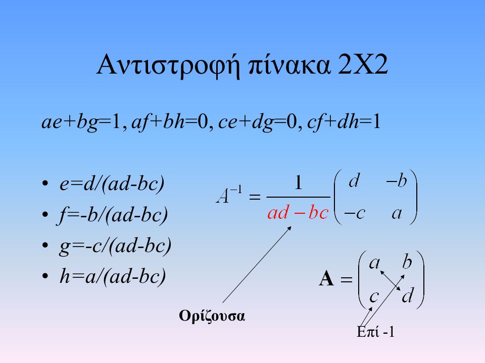 Αντιστροφή πίνακα 2Χ2 ae+bg=1, af+bh=0, ce+dg=0, cf+dh=1 e=d/(ad-bc)