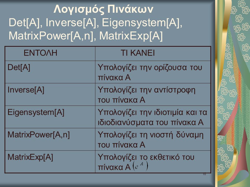 Λογισμός Πινάκων Det[A], Inverse[A], Eigensystem[A], MatrixPower[A,n], MatrixExp[A]