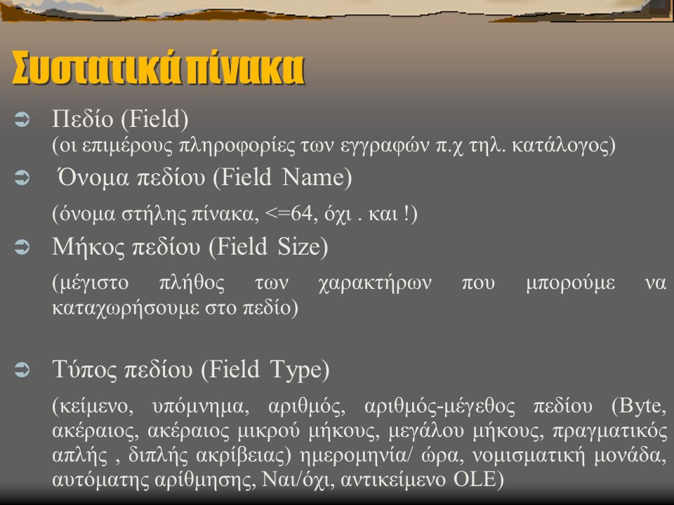 Συστατικά πίνακα Πεδίο (Field) Όνομα πεδίου (Field Name)