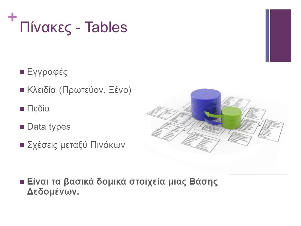 Πίνακες - Tables Εγγραφές Κλειδία (Πρωτεύον, Ξένο) Πεδία Data types