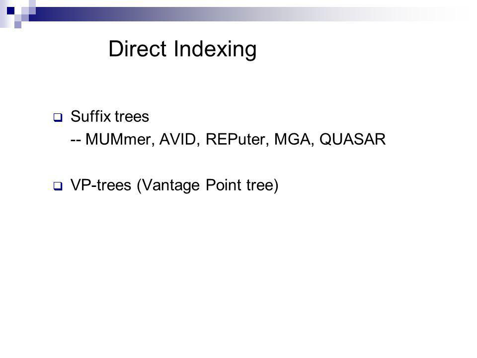 Direct Indexing Suffix trees -- MUMmer, AVID, REPuter, MGA, QUASAR