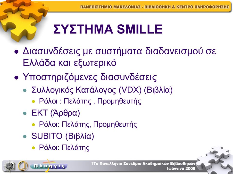 ΣΥΣΤΗΜΑ SMILLE Διασυνδέσεις με συστήματα διαδανεισμού σε Ελλάδα και εξωτερικό. Υποστηριζόμενες διασυνδέσεις.
