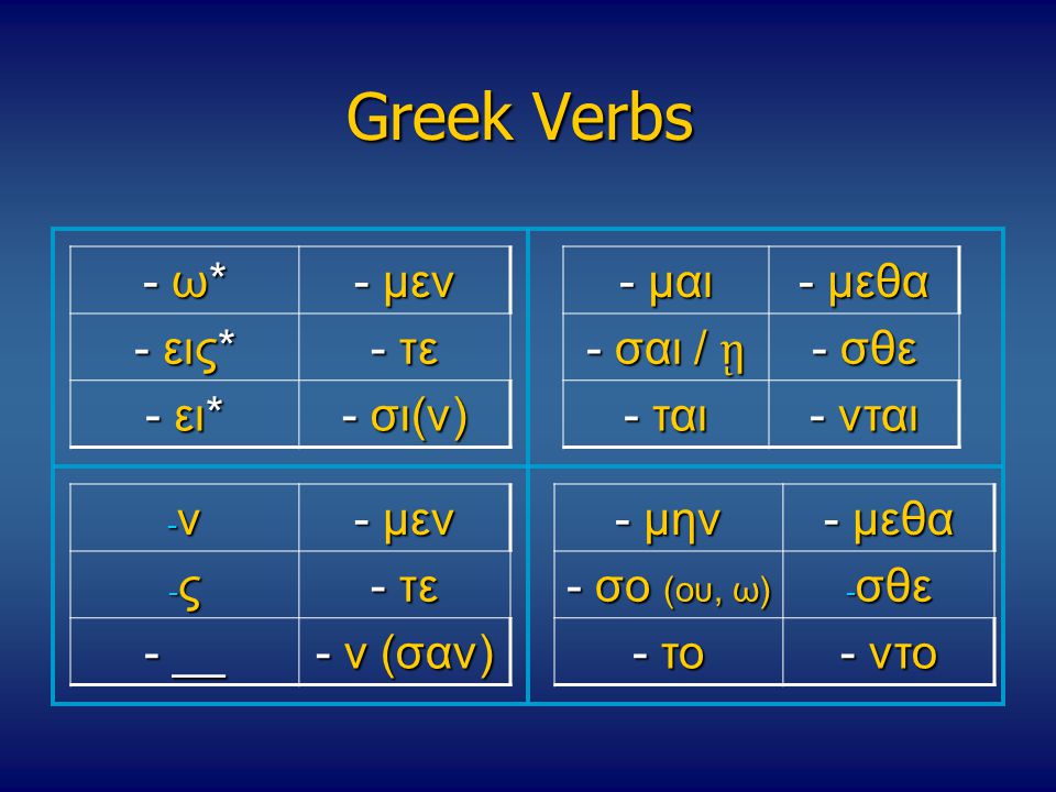 Greek Verbs - ω* - μεν - εις* - τε - ει* - σι(ν) - μαι - μεθα
