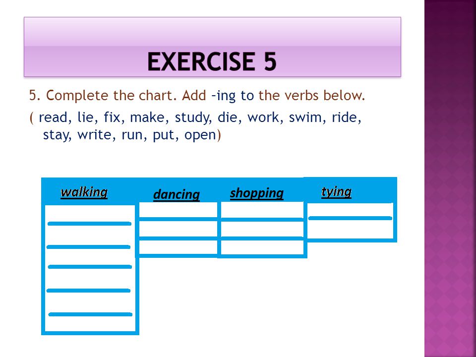 Exercise 5 5. Complete the chart. Add –ing to the verbs below.