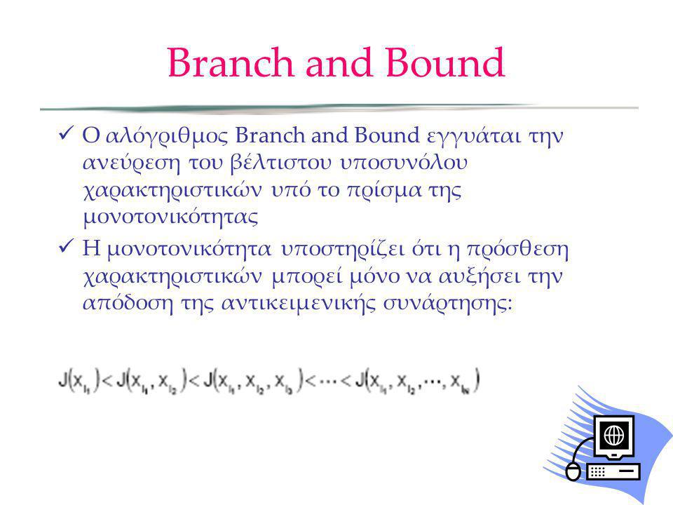Branch and Bound Ο αλόγριθμος Branch and Bound εγγυάται την ανεύρεση του βέλτιστου υποσυνόλου χαρακτηριστικών υπό το πρίσμα της μονοτονικότητας.