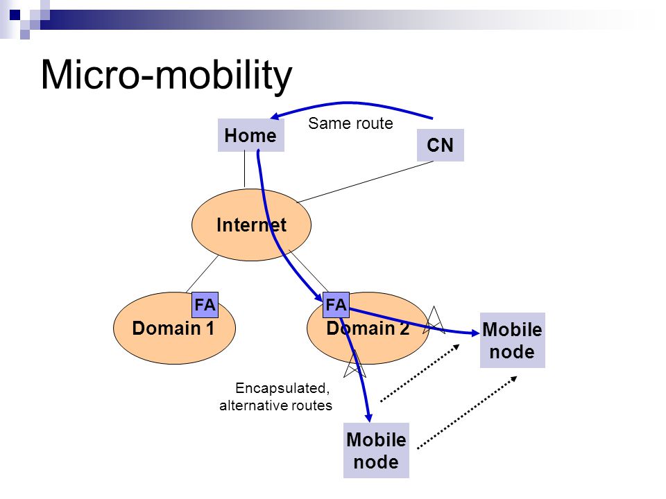 Micro-mobility Home CN Internet Domain 1 Domain 2 Mobile node Mobile