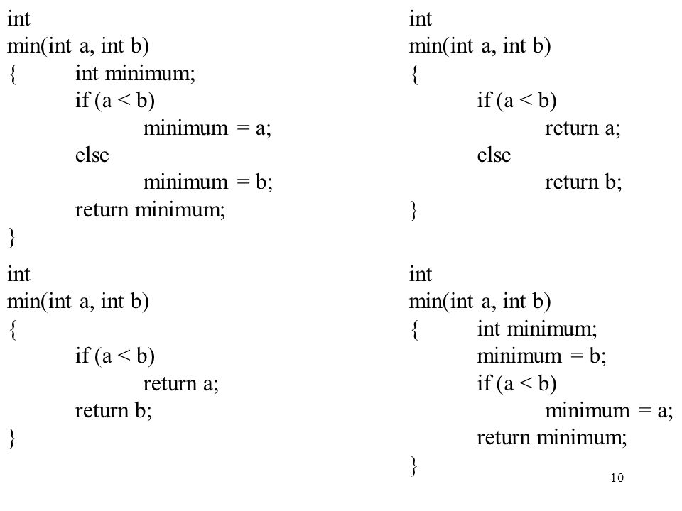 int min(int a, int b) { int minimum; if (a < b) minimum = a; else. minimum = b; return minimum;