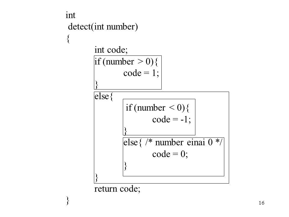 int detect(int number) { int code; if (number > 0){ code = 1; } else{ if (number < 0){ code = -1;