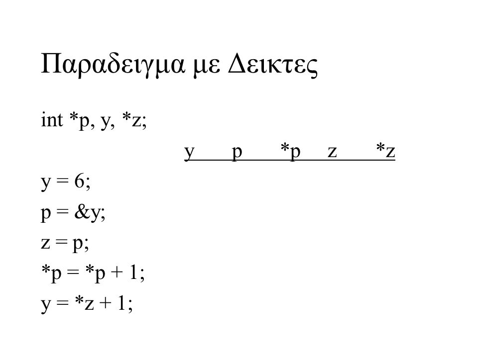 Παραδειγμα με Δεικτες int *p, y, *z; y p *p z *z y = 6; p = &y; z = p;