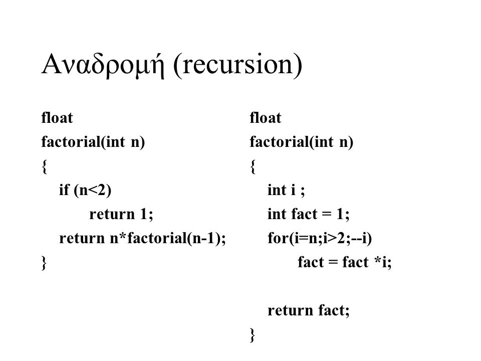 Αναδρομή (recursion) float factorial(int n) { if (n<2) return 1;