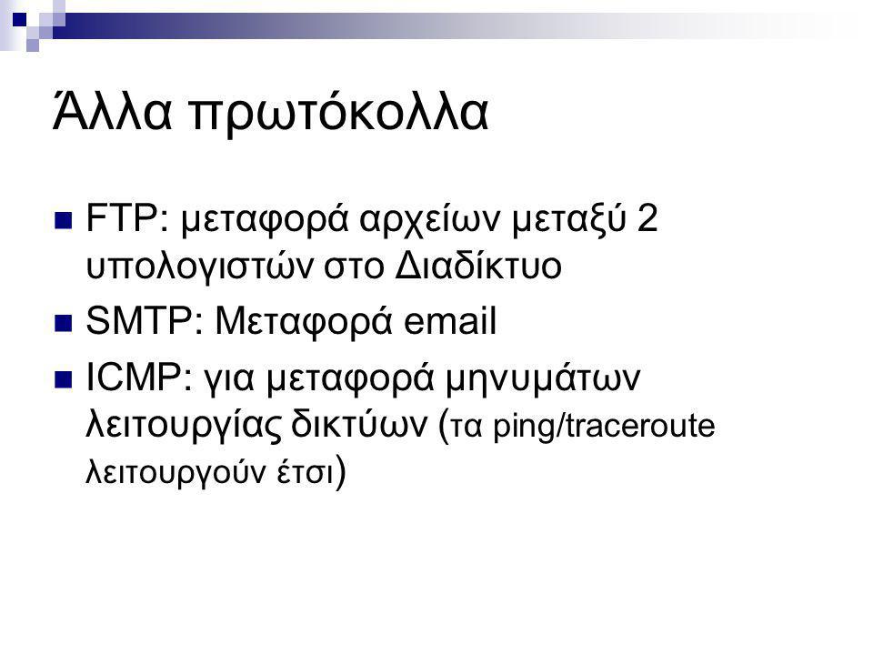 Άλλα πρωτόκολλα FTP: μεταφορά αρχείων μεταξύ 2 υπολογιστών στο Διαδίκτυο. SMTP: Μεταφορά  .