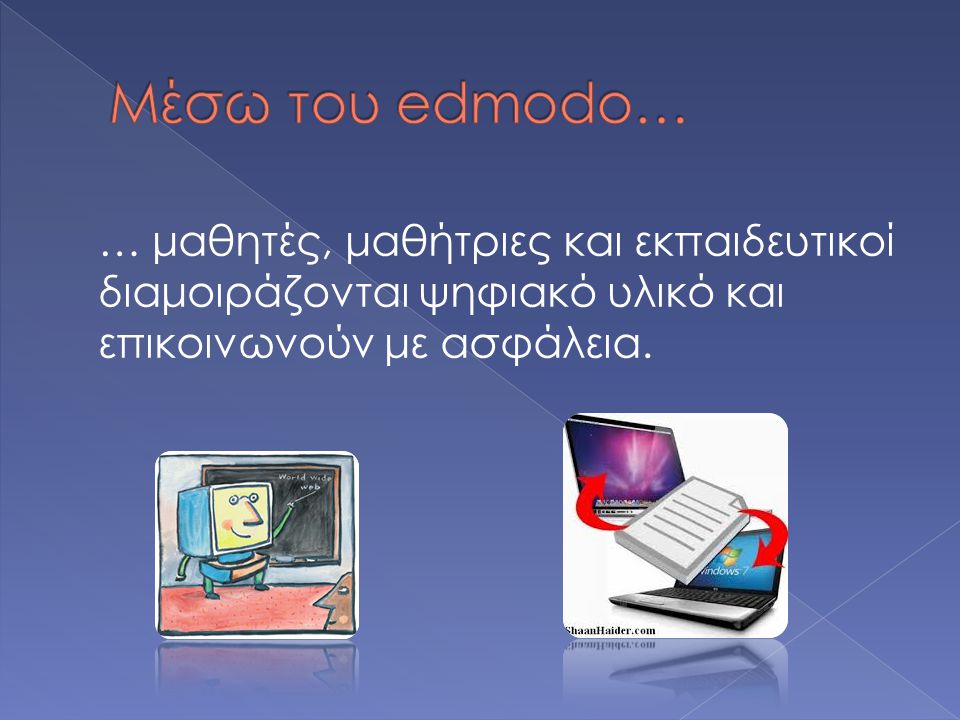 Μέσω του edmodo… … μαθητές, μαθήτριες και εκπαιδευτικοί διαμοιράζονται ψηφιακό υλικό και επικοινωνούν με ασφάλεια.