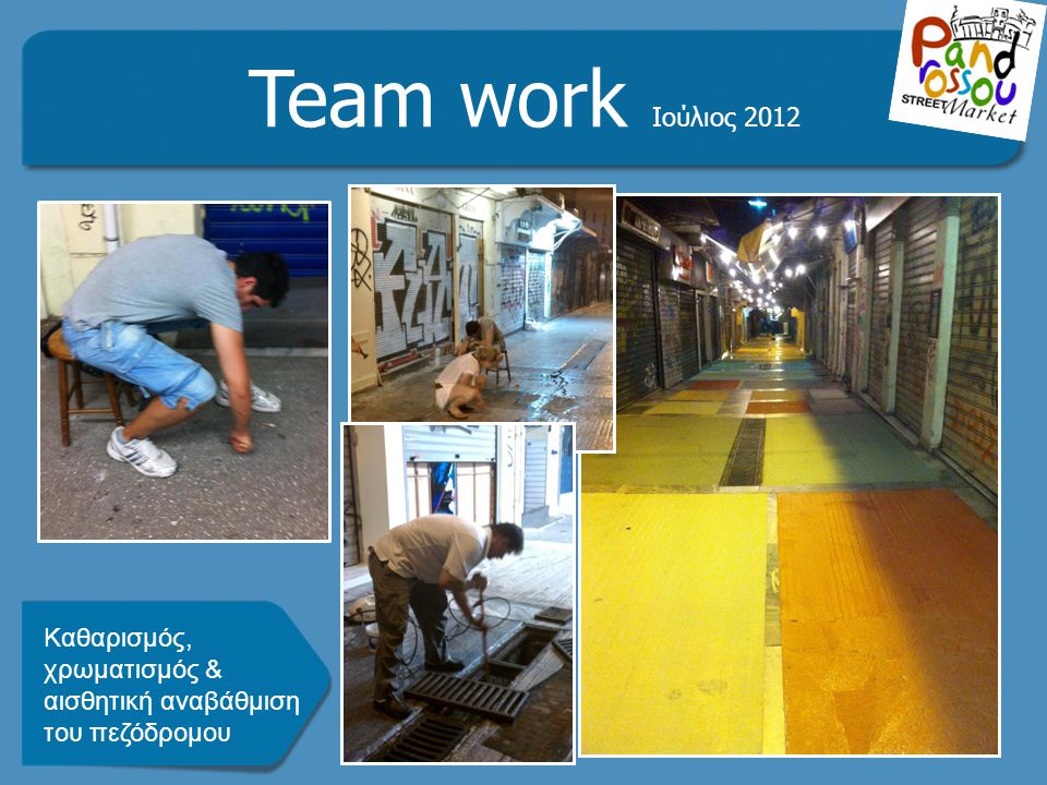 Team work Ιούλιος 2012 Καθαρισμός, χρωματισμός & αισθητική αναβάθμιση του πεζόδρομου