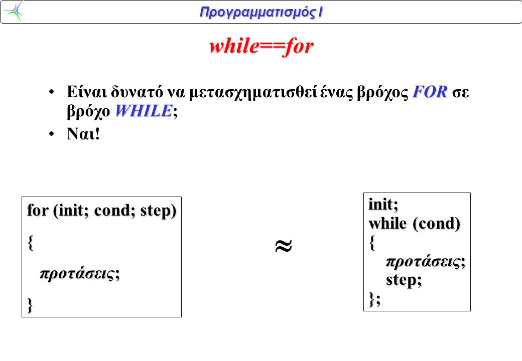 while==for Είναι δυνατό να μετασχηματισθεί ένας βρόχος FOR σε βρόχο WHILE; Ναι! init; while (cond)