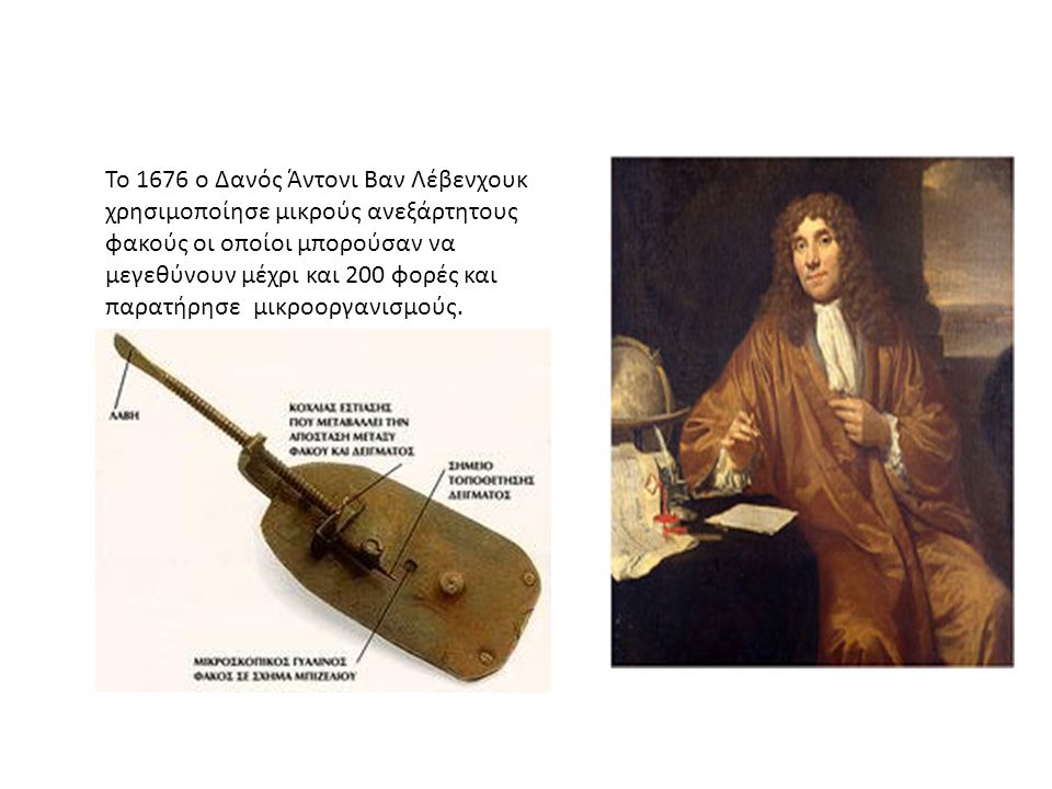 Το 1676 ο Δανός Άντονι Βαν Λέβενχουκ χρησιμοποίησε μικρούς ανεξάρτητους φακούς οι οποίοι μπορούσαν να μεγεθύνουν μέχρι και 200 φορές και παρατήρησε μικροοργανισμούς.