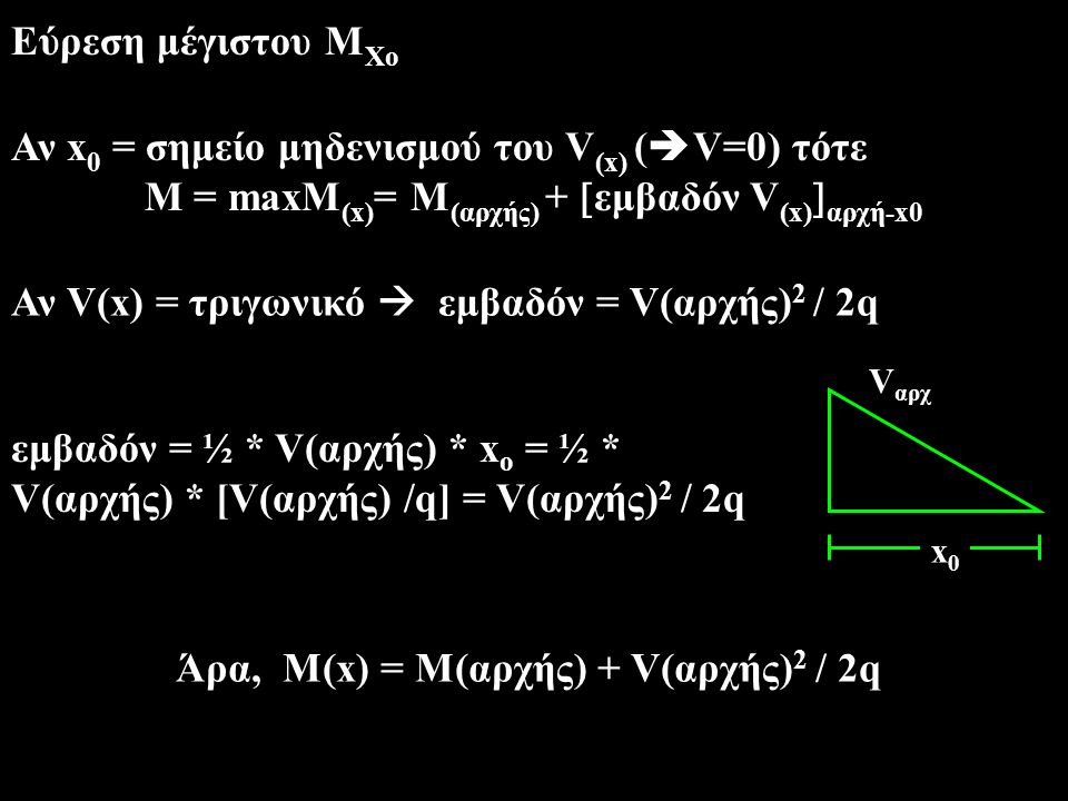 M = maxM(x)= M(αρχής) + εμβαδόν V(x)αρχή-x0
