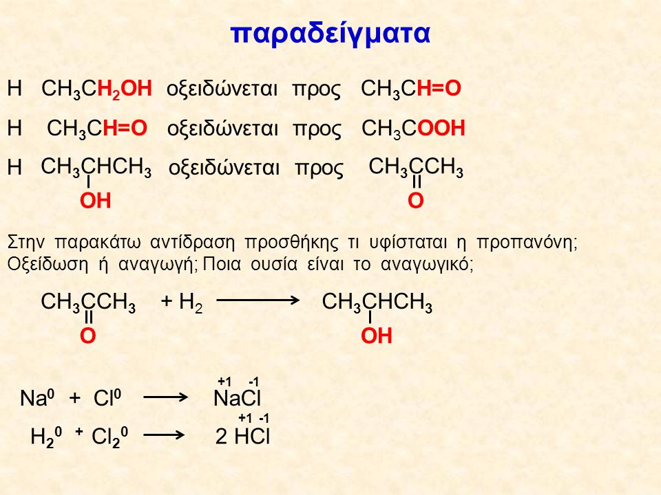 παραδείγματα Η CH3CH2OH οξειδώνεται προς CH3CH=O