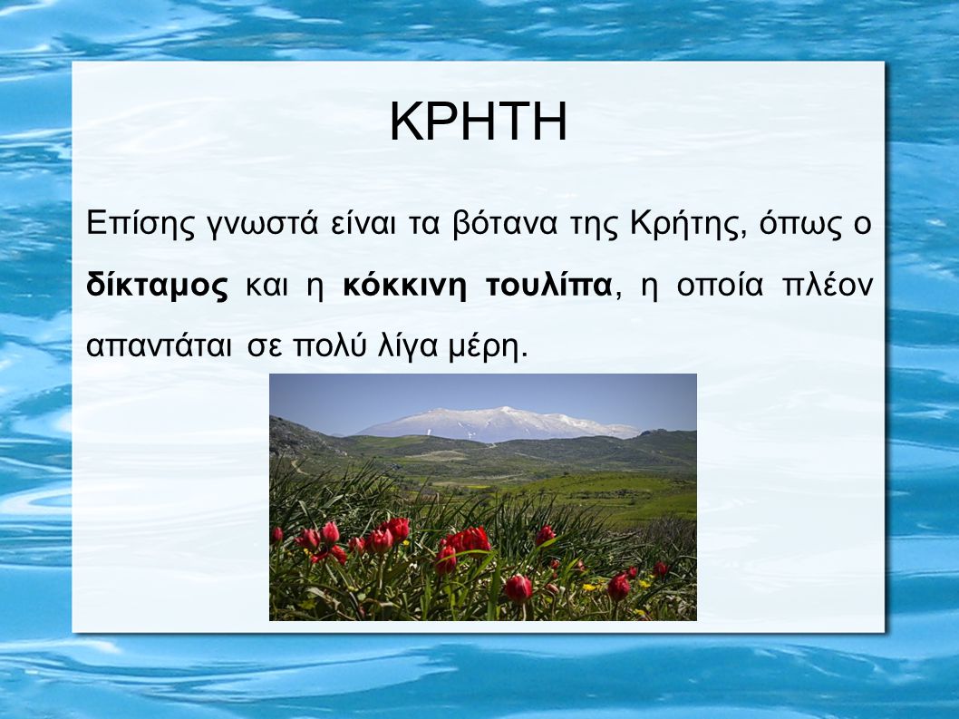 ΚΡΗΤΗ Επίσης γνωστά είναι τα βότανα της Κρήτης, όπως ο δίκταμος και η κόκκινη τουλίπα, η οποία πλέον απαντάται σε πολύ λίγα μέρη.
