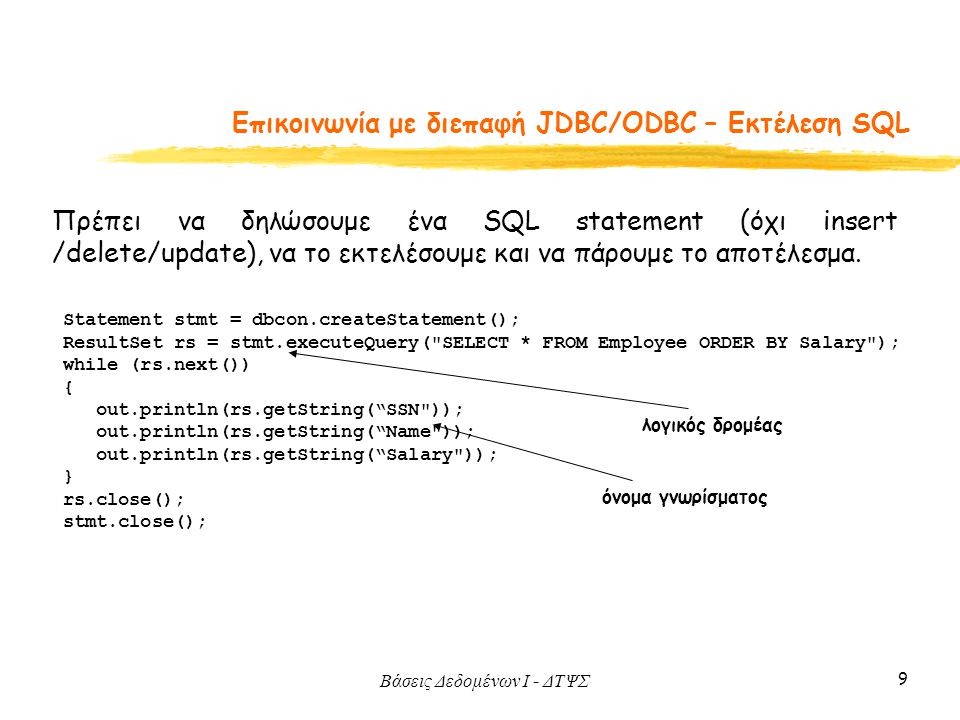 Eπικοινωνία με διεπαφή JDBC/ODBC – Εκτέλεση SQL