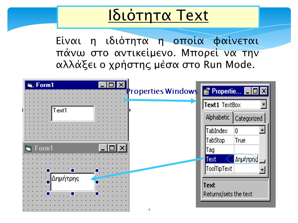 Ιδιότητα Text Είναι η ιδιότητα η οποία φαίνεται πάνω στο αντικείμενο. Μπορεί να την αλλάξει ο χρήστης μέσα στο Run Mode.