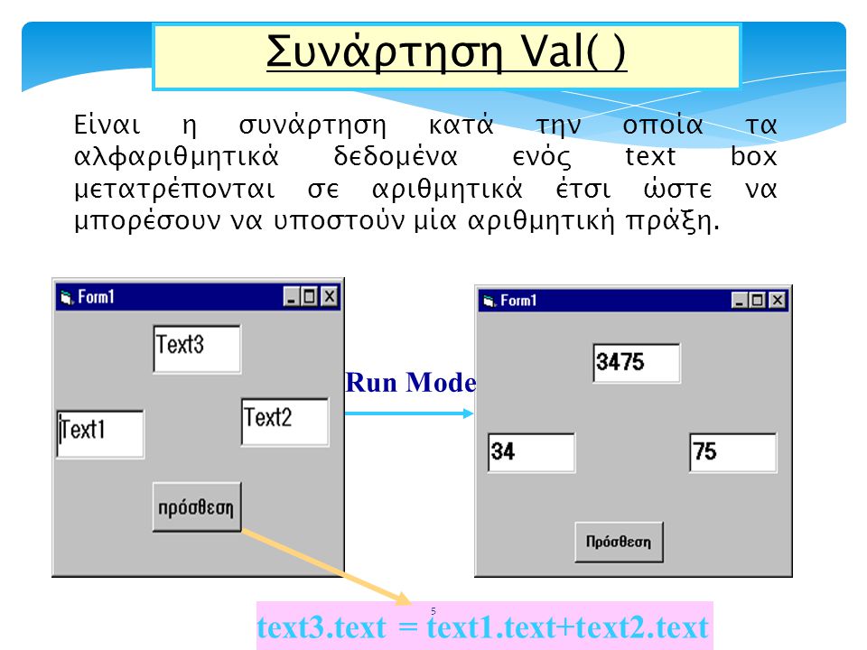 Συνάρτηση Val( ) text3.text = text1.text+text2.text Run Mode