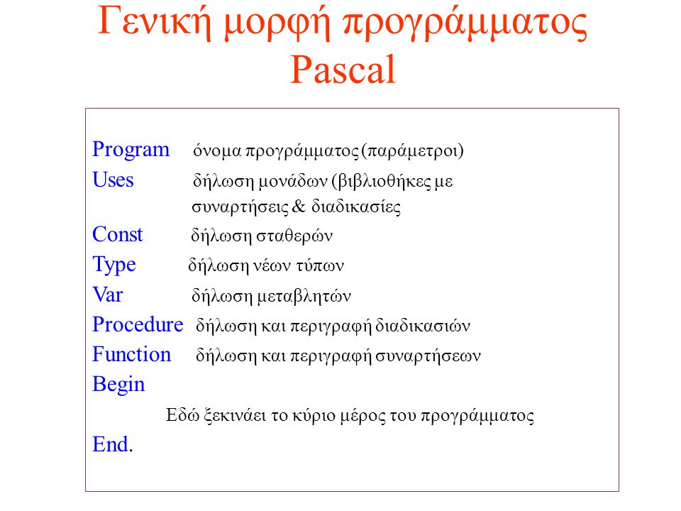 Γενική μορφή προγράμματος Pascal