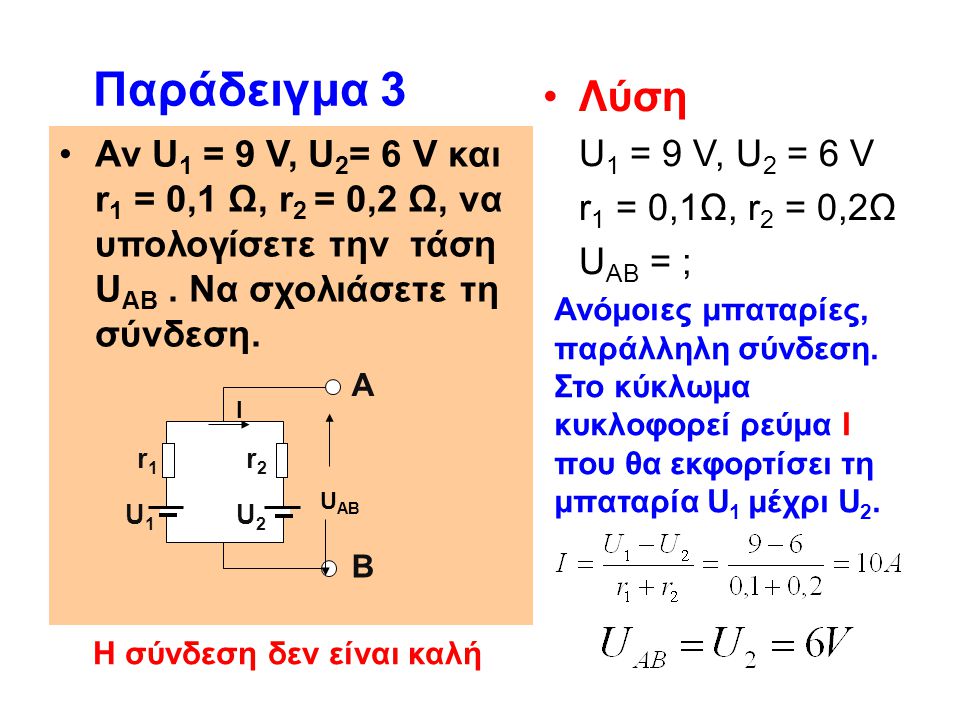 Παράδειγμα 3 Λύση U1 = 9 V, U2 = 6 V r1 = 0,1Ω, r2 = 0,2Ω
