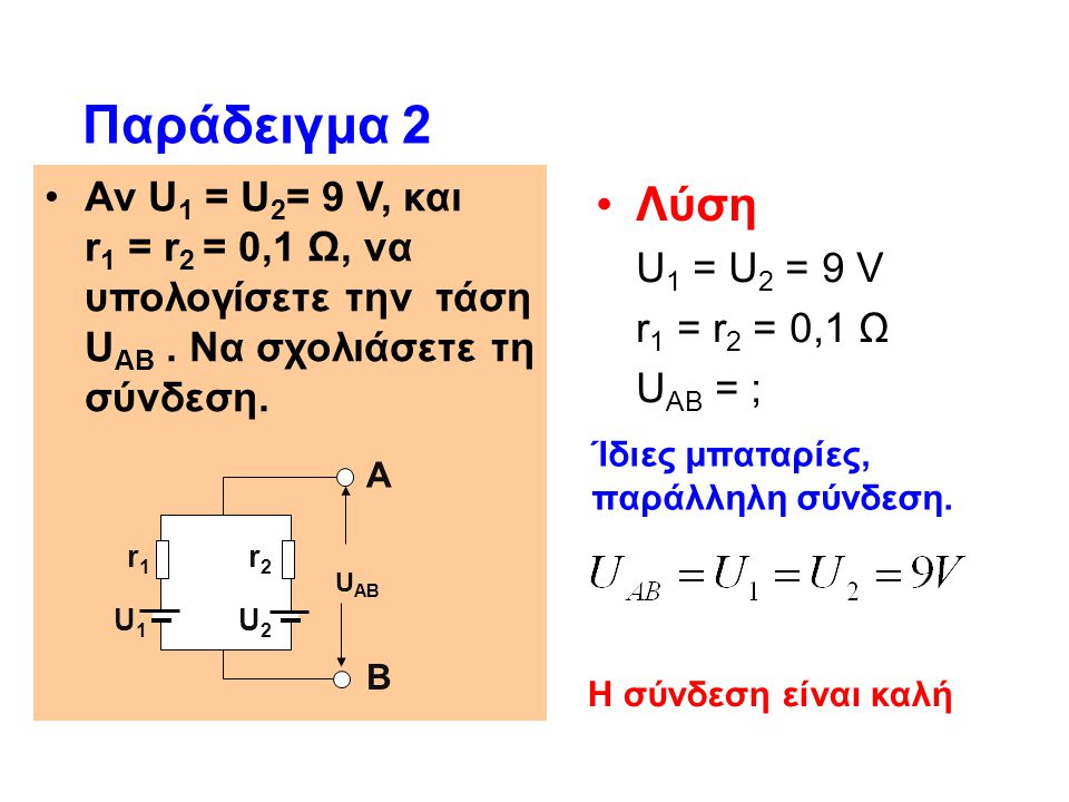 Παράδειγμα 2 Αν U1 = U2= 9 V, και r1 = r2 = 0,1 Ω, να υπολογίσετε την τάση UΑΒ . Να σχολιάσετε τη σύνδεση.