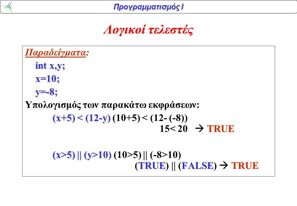 Λογικοί τελεστές Παραδείγματα: int x,y; x=10; y=-8;