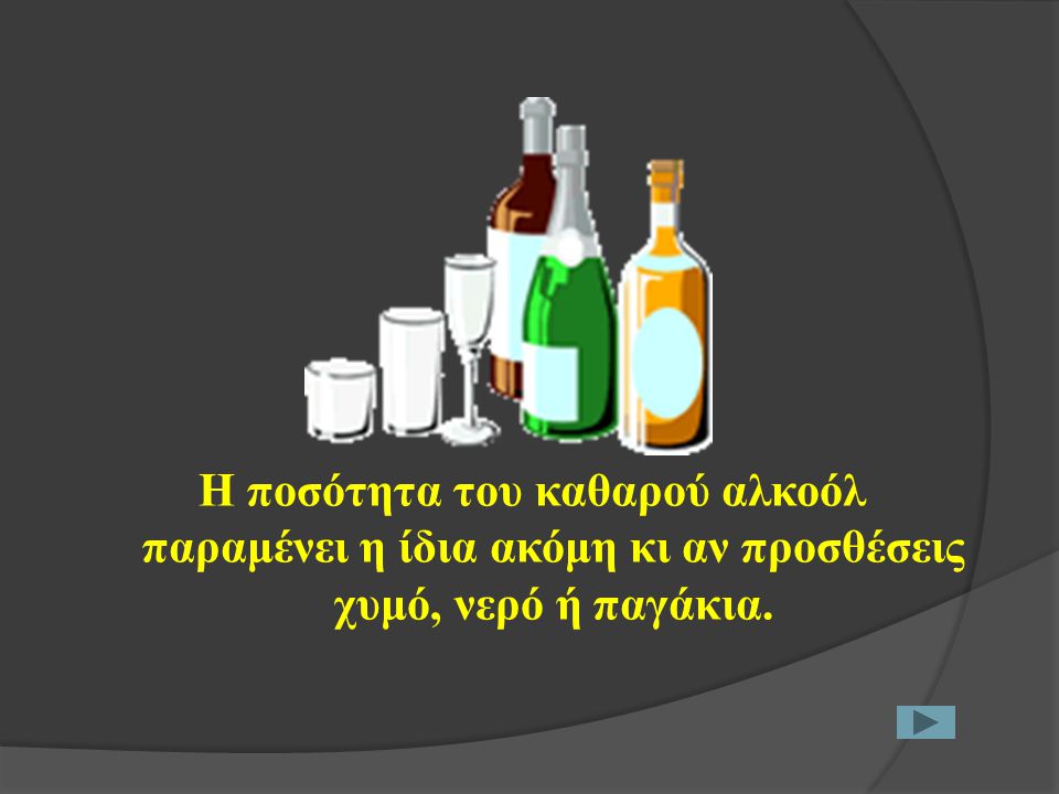 Η ποσότητα του καθαρού αλκοόλ παραμένει η ίδια ακόμη κι αν προσθέσεις χυμό, νερό ή παγάκια.
