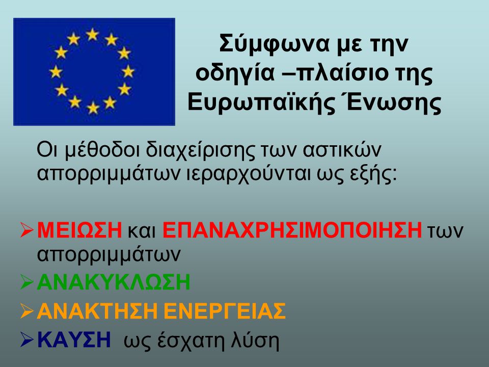 Σύμφωνα με την οδηγία –πλαίσιο της Ευρωπαϊκής Ένωσης