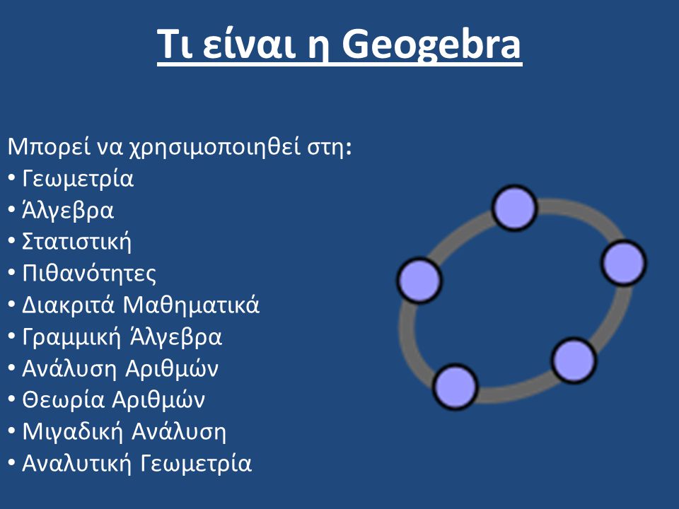 Τι είναι η Geogebra Μπορεί να χρησιμοποιηθεί στη: Γεωμετρία Άλγεβρα