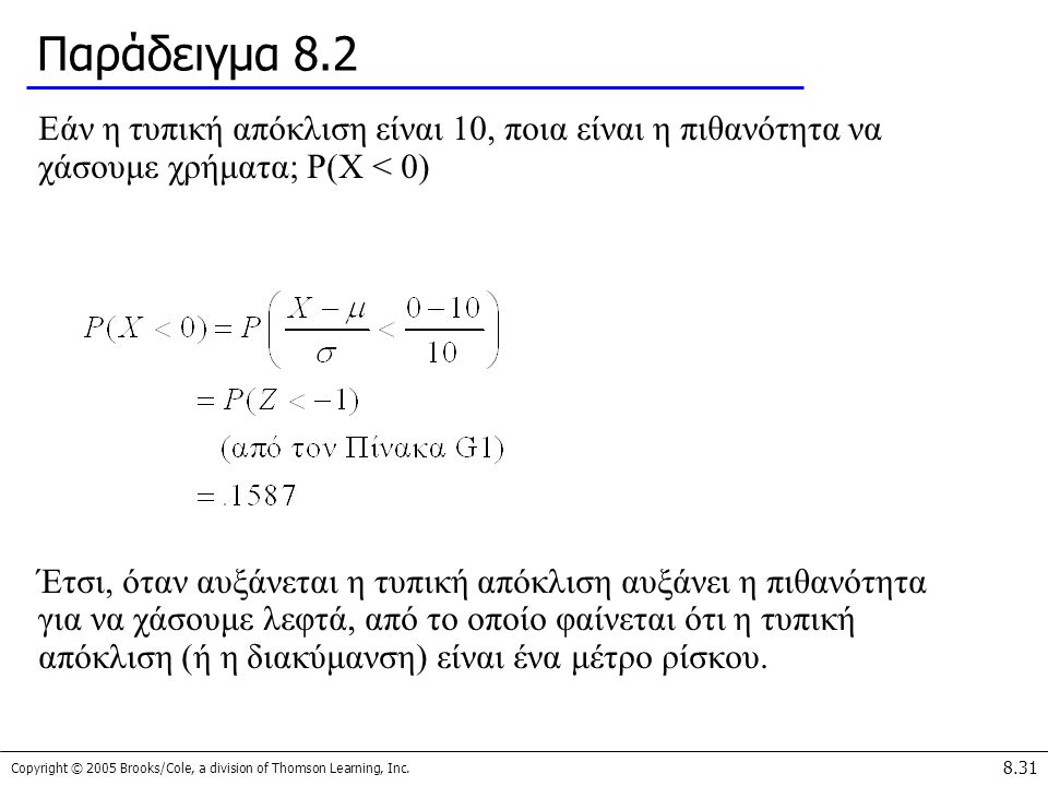Παράδειγμα 8.2 Εάν η τυπική απόκλιση είναι 10, ποια είναι η πιθανότητα να χάσουμε χρήματα; P(X < 0)