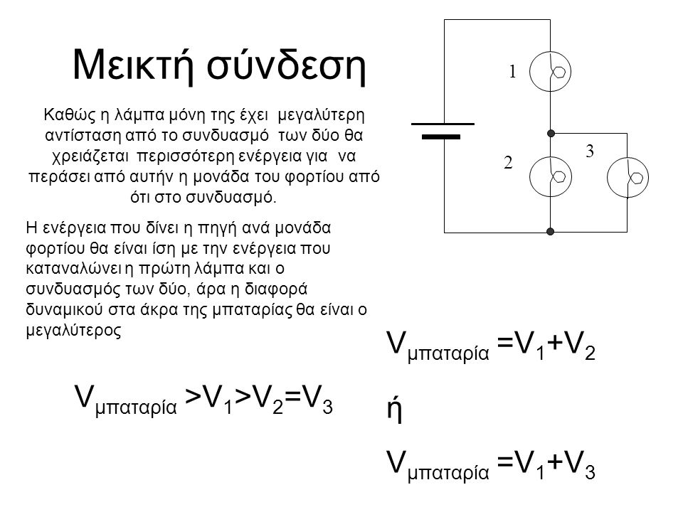 Μεικτή σύνδεση Vμπαταρία =V1+V2 Vμπαταρία >V1>V2=V3 ή