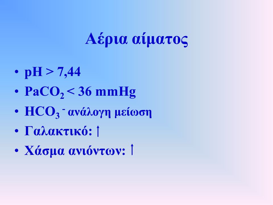 Αέρια αίματος pH > 7,44 PaCO2 < 36 mmHg HCO3 - ανάλογη μείωση