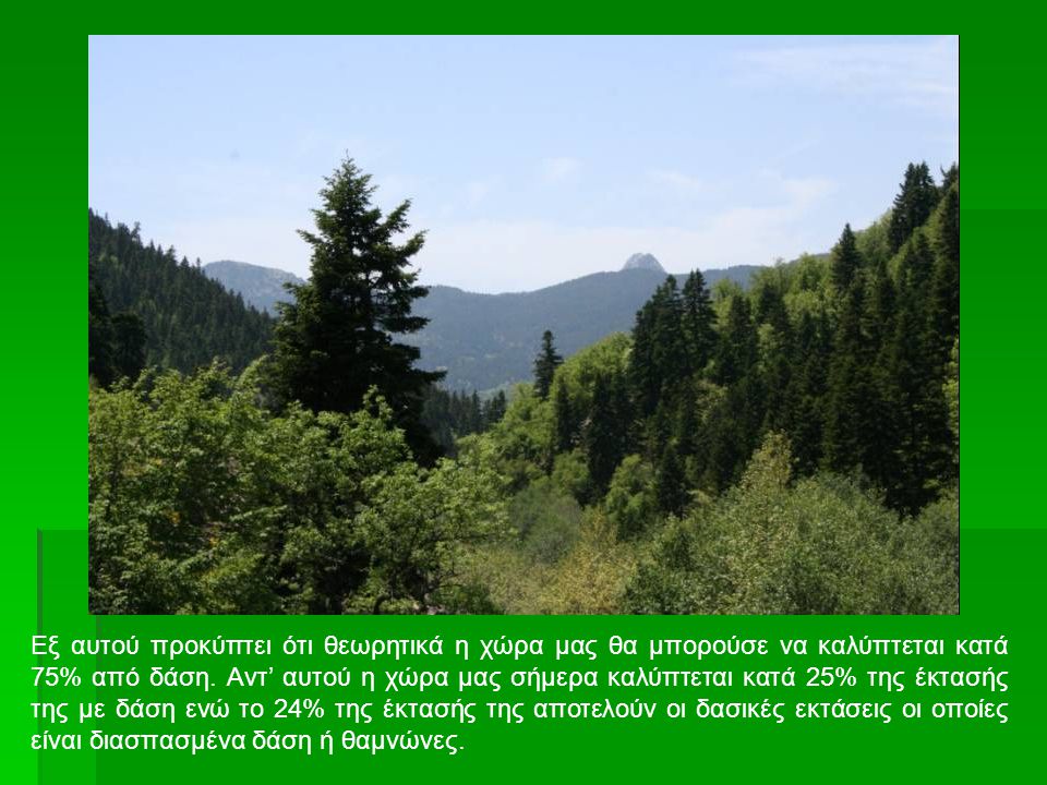 Εξ αυτού προκύπτει ότι θεωρητικά η χώρα μας θα μπορούσε να καλύπτεται κατά 75% από δάση.