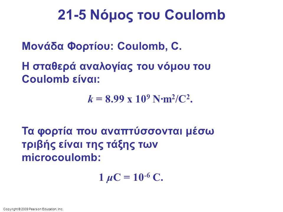 21-5 Νόμος του Coulomb Μονάδα Φορτίου: Coulomb, C.