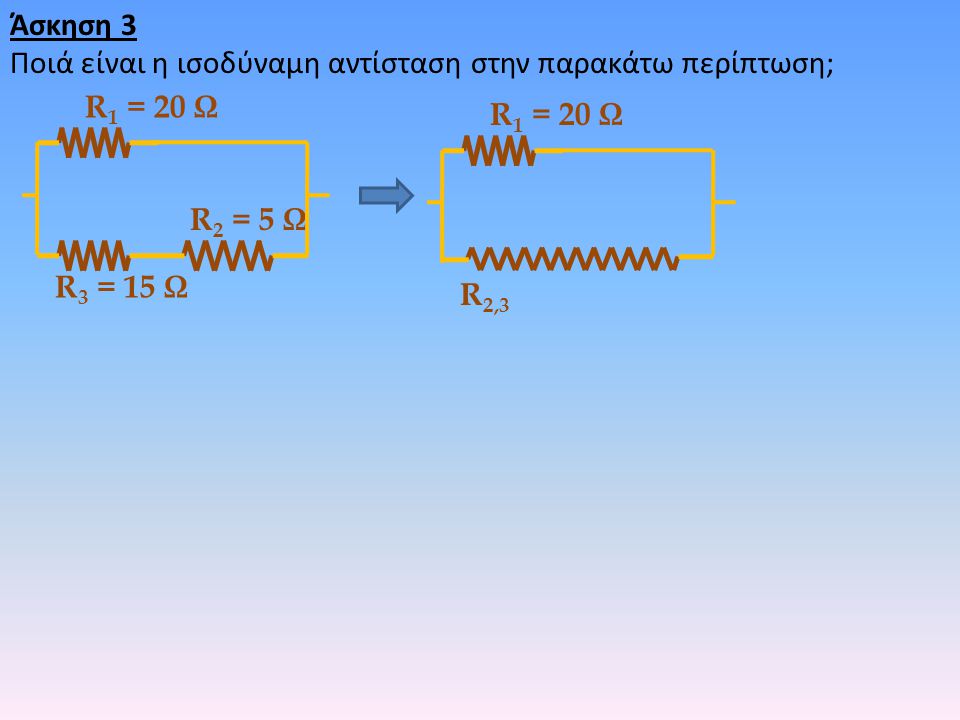 Άσκηση 3 Ποιά είναι η ισοδύναμη αντίσταση στην παρακάτω περίπτωση; R1 = 20 Ω. R1 = 20 Ω. R2 = 5 Ω.