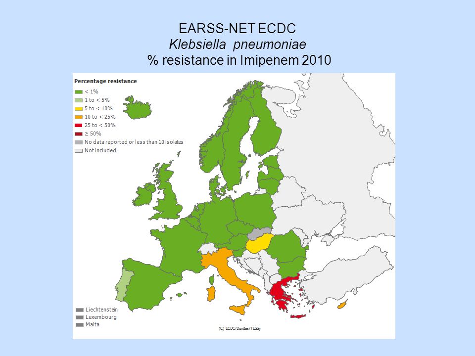 EARSS-NET ECDC Klebsiella pneumoniae % resistance in Imipenem 2010