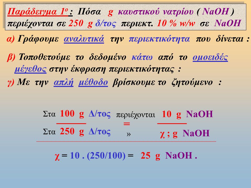 = Παράδειγμα 1ο : Πόσα g καυστικού νατρίου ( NaOH )
