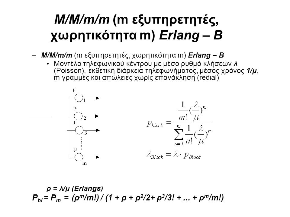 M/M/m/m (m εξυπηρετητές, χωρητικότητα m) Erlang – B
