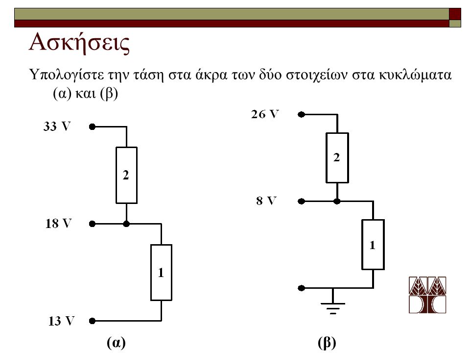 Ασκήσεις Υπολογίστε την τάση στα άκρα των δύο στοιχείων στα κυκλώματα (α) και (β) (α) (β)