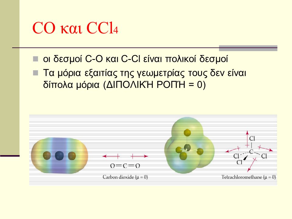 CO και CCl4 οι δεσμοί C-O και C-Cl είναι πολικοί δεσμοί