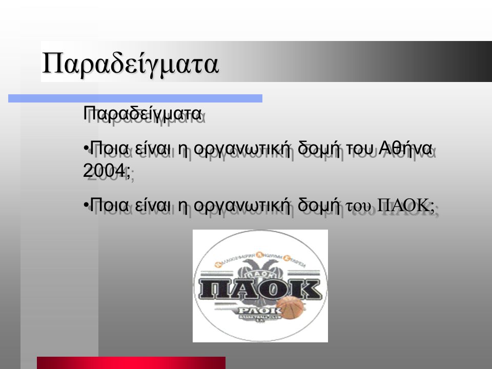 Παραδείγματα Παραδείγματα Ποια είναι η οργανωτική δομή του Αθήνα 2004;