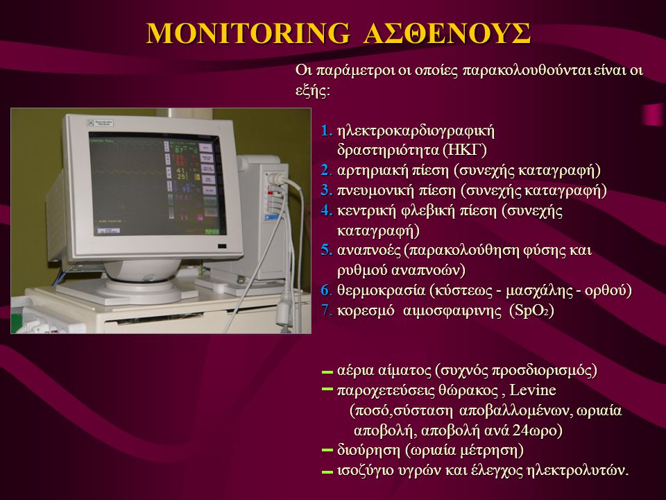 MONITORING ΑΣΘΕΝΟΥΣ Oι παράμετροι οι οποίες παρακολουθούνται είναι οι εξής: 1. ηλεκτροκαρδιογραφική.