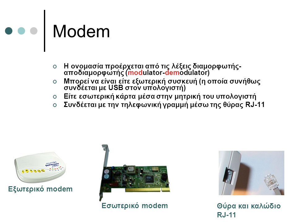 Modem Εξωτερικό modem Εσωτερικό modem Θύρα και καλώδιο RJ-11